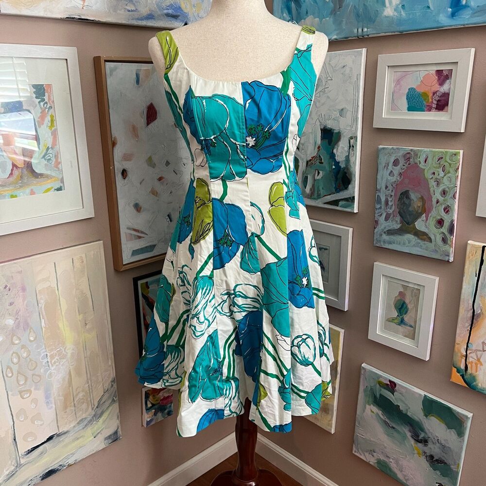 Y2K Feminine Nine West Floral Fit Flare Dress‎ Blue Green Wedding Guest Size 2